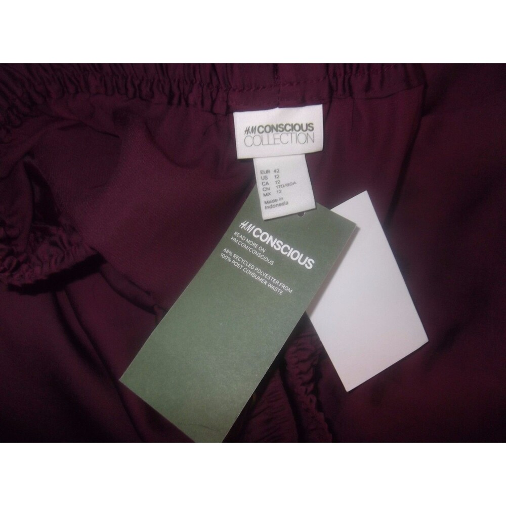 New H&M Concious Collection Satiny Wide Leg Pant Pants Size 12 Wine Drawstring - Picture 4 of 4